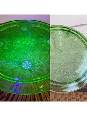 Vintage 30's Jeanette Glass Sunflower pattern footed cake plate 10"